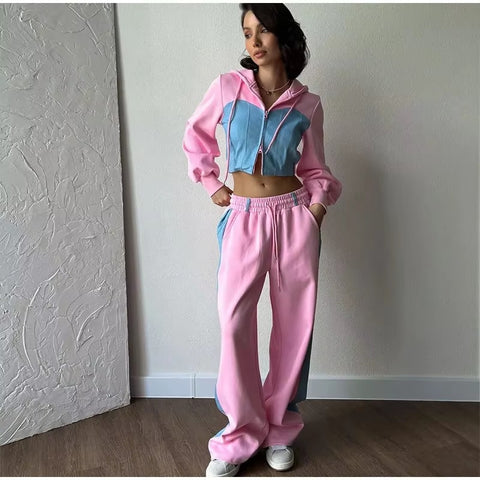 New Casual Contrast Slim Zipper Short Hooded Coat Lace Up Wide Leg Pant Set CODE: KAR3426