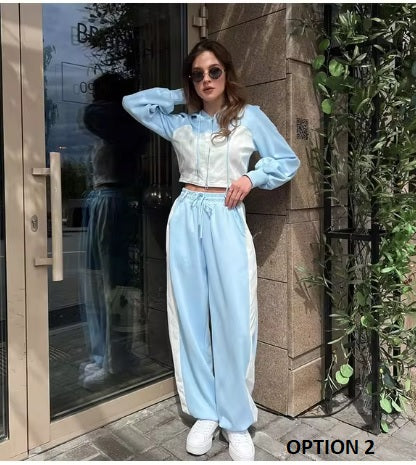 New Casual Contrast Slim Zipper Short Hooded Coat Lace Up Wide Leg Pant Set CODE: KAR3426