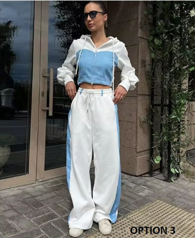 New Casual Contrast Slim Zipper Short Hooded Coat Lace Up Wide Leg Pant Set CODE: KAR3426