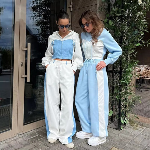 New Casual Contrast Slim Zipper Short Hooded Coat Lace Up Wide Leg Pant Set CODE: KAR3426