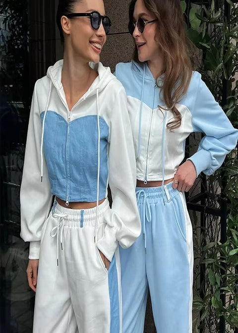 New Casual Contrast Slim Zipper Short Hooded Coat Lace Up Wide Leg Pant Set CODE: KAR3426