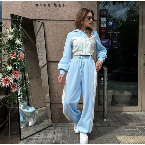 New Casual Contrast Slim Zipper Short Hooded Coat Lace Up Wide Leg Pant Set CODE: KAR3426