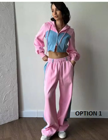 New Casual Contrast Slim Zipper Short Hooded Coat Lace Up Wide Leg Pant Set CODE: KAR3426