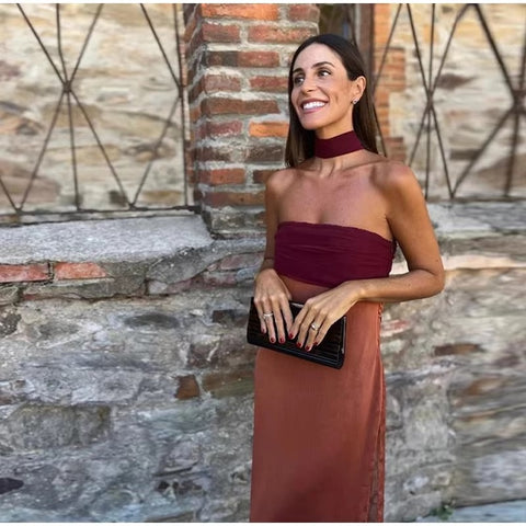 New Off Shoulder Backless Patchwork Split Ribbon Strapless Maxi Dress CODE: KAR3434