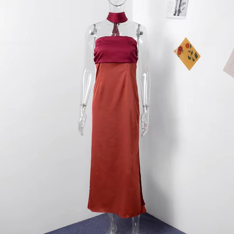 New Off Shoulder Backless Patchwork Split Ribbon Strapless Maxi Dress CODE: KAR3434