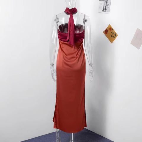 New Off Shoulder Backless Patchwork Split Ribbon Strapless Maxi Dress CODE: KAR3434