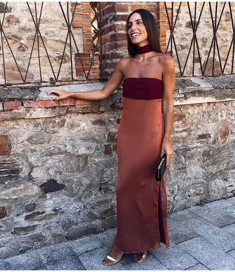 New Off Shoulder Backless Patchwork Split Ribbon Strapless Maxi Dress CODE: KAR3434