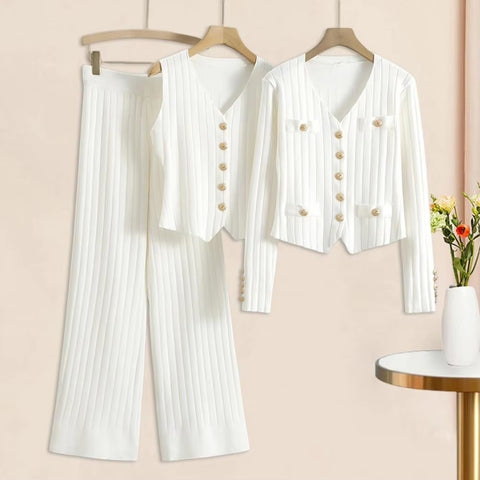 New V Neck Single-breasted Waistcoat Elastic Waist Wide Leg Long Trouser 3 Pcs Set CODE: KAR3435
