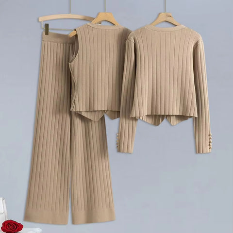 New V Neck Single-breasted Waistcoat Elastic Waist Wide Leg Long Trouser 3 Pcs Set CODE: KAR3435
