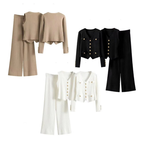 New V Neck Single-breasted Waistcoat Elastic Waist Wide Leg Long Trouser 3 Pcs Set CODE: KAR3435