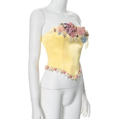 New Sexy Satin Aesthetic Flowers Corset Crop Elegant Sleeveless Backless Tank Top CODE: KAR3436