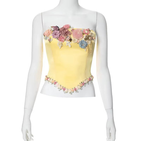 New Sexy Satin Aesthetic Flowers Corset Crop Elegant Sleeveless Backless Tank Top CODE: KAR3436