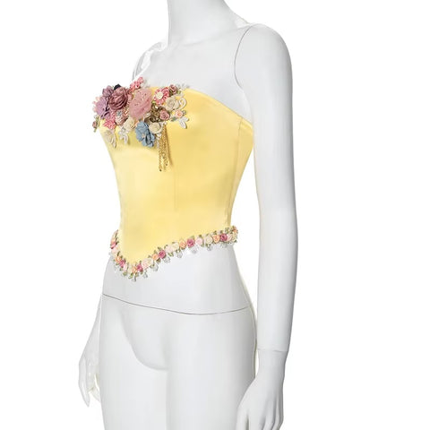 New Sexy Satin Aesthetic Flowers Corset Crop Elegant Sleeveless Backless Tank Top CODE: KAR3436