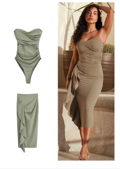 Sexy Ruffles Solid Strapless Backless Bodysuit High Waist Skirt Set CODE: KAR3439