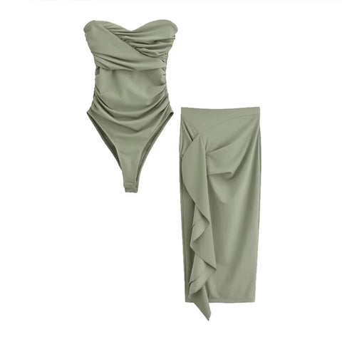 Sexy Ruffles Solid Strapless Backless Bodysuit High Waist Skirt Set CODE: KAR3439