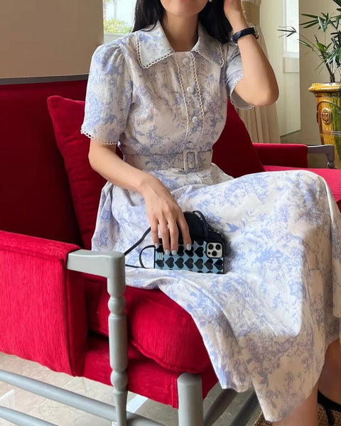 New Elegant Print Lace-up Single Breasted Short Sleeve Robe Belt Dress CODE: KAR3441