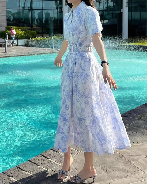 New Elegant Print Lace-up Single Breasted Short Sleeve Robe Belt Dress CODE: KAR3441