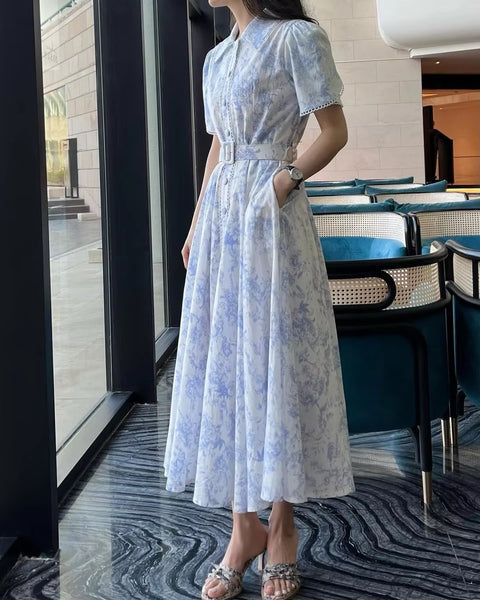 New Elegant Print Lace-up Single Breasted Short Sleeve Robe Belt Dress CODE: KAR3441