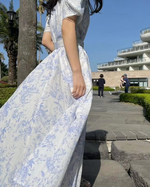 New Elegant Print Lace-up Single Breasted Short Sleeve Robe Belt Dress CODE: KAR3441
