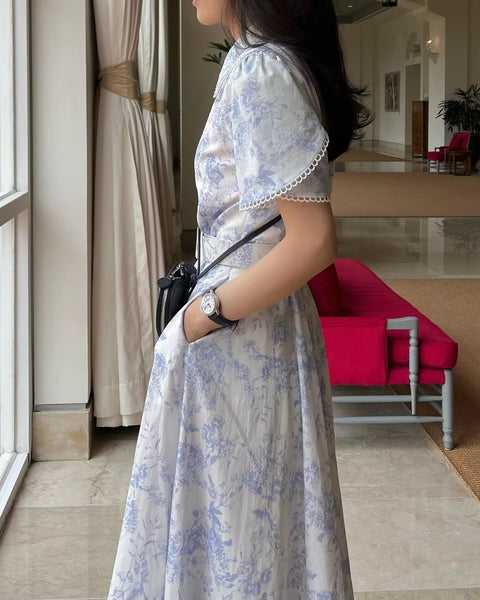 New Elegant Print Lace-up Single Breasted Short Sleeve Robe Belt Dress CODE: KAR3441
