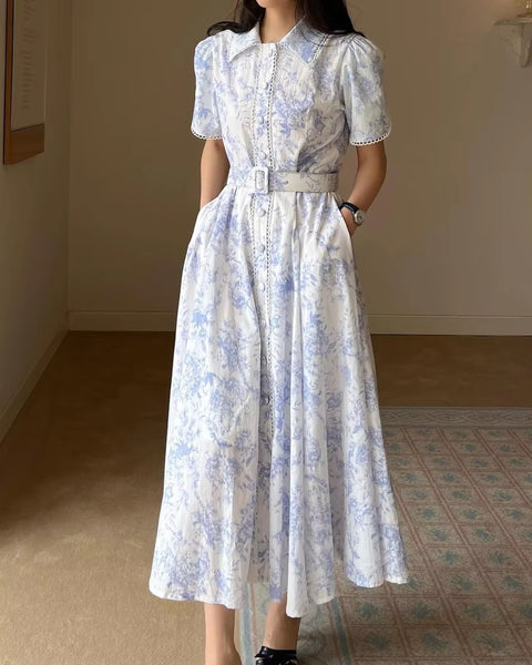 New Elegant Print Lace-up Single Breasted Short Sleeve Robe Belt Dress CODE: KAR3441