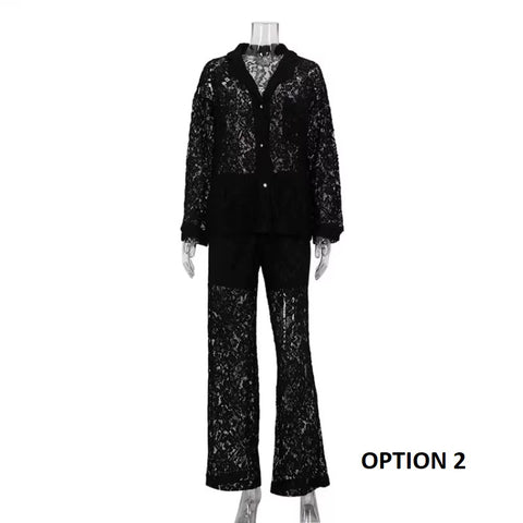 Sexy Elegant See Through Lapel Shirt Loose Lace Pants Two Piece Set CODE: KAR3442