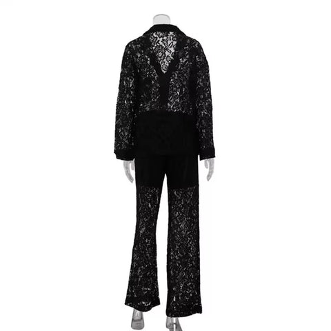 Sexy Elegant See Through Lapel Shirt Loose Lace Pants Two Piece Set CODE: KAR3442