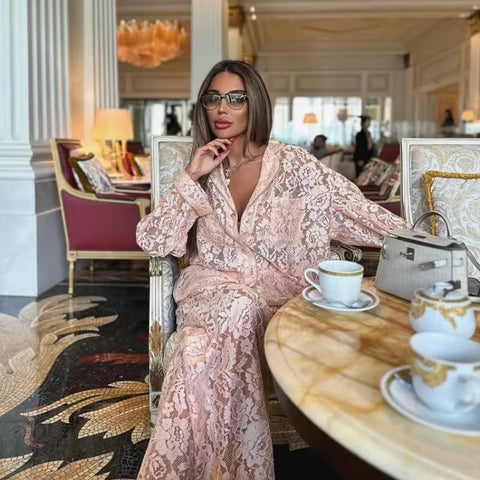 Sexy Elegant See Through Lapel Shirt Loose Lace Pants Two Piece Set CODE: KAR3442