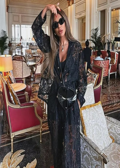 Sexy Elegant See Through Lapel Shirt Loose Lace Pants Two Piece Set CODE: KAR3442