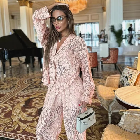 Sexy Elegant See Through Lapel Shirt Loose Lace Pants Two Piece Set CODE: KAR3442