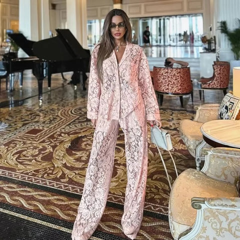 Sexy Elegant See Through Lapel Shirt Loose Lace Pants Two Piece Set CODE: KAR3442