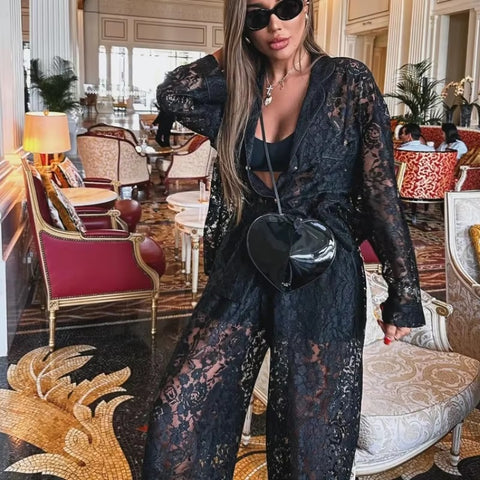 Sexy Elegant See Through Lapel Shirt Loose Lace Pants Two Piece Set CODE: KAR3442