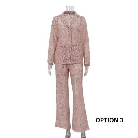 Sexy Elegant See Through Lapel Shirt Loose Lace Pants Two Piece Set CODE: KAR3442