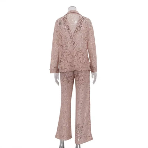 Sexy Elegant See Through Lapel Shirt Loose Lace Pants Two Piece Set CODE: KAR3442