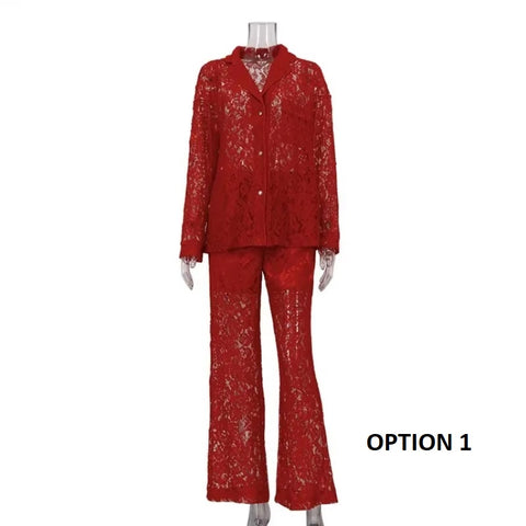 Sexy Elegant See Through Lapel Shirt Loose Lace Pants Two Piece Set CODE: KAR3442