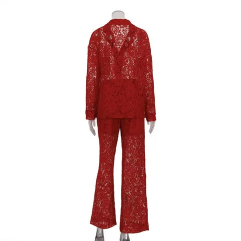Sexy Elegant See Through Lapel Shirt Loose Lace Pants Two Piece Set CODE: KAR3442