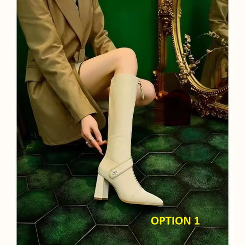 New Winter Belt Buckle Thin Pointed Thick Heel Boots CODE: KAR3443