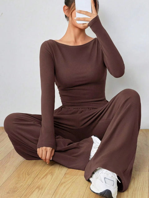 New Autumn O Neck Long Sleeve Slim Tops Trousers Two Piece Set CODE: KAR3452