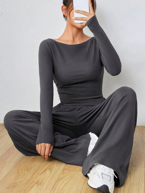 New Autumn O Neck Long Sleeve Slim Tops Trousers Two Piece Set CODE: KAR3452