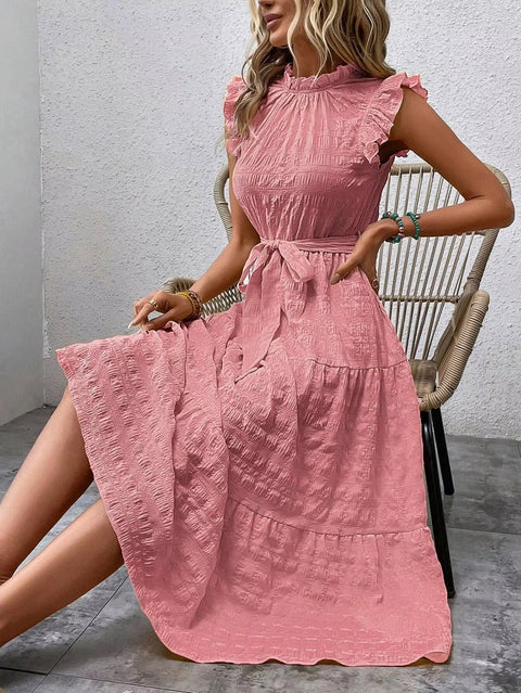 New Fashion Ear Edge Flying Sleeves Lace Up Texture Dress CODE: KAR3453