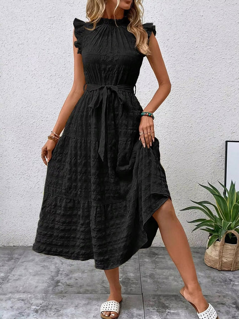 New Fashion Ear Edge Flying Sleeves Lace Up Texture Dress CODE: KAR3453
