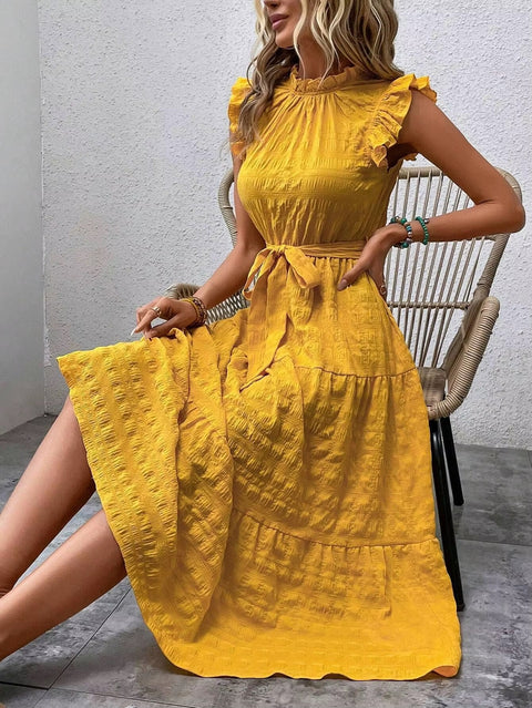 New Fashion Ear Edge Flying Sleeves Lace Up Texture Dress CODE: KAR3453