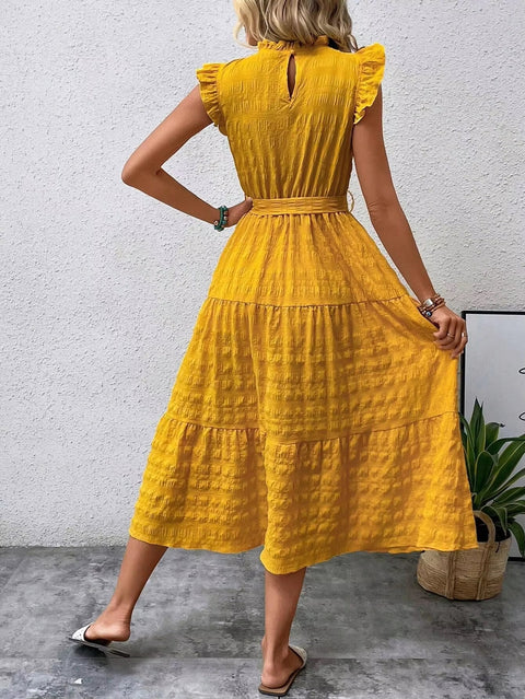 New Fashion Ear Edge Flying Sleeves Lace Up Texture Dress CODE: KAR3453
