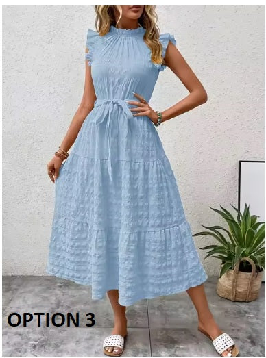 New Fashion Ear Edge Flying Sleeves Lace Up Texture Dress CODE: KAR3453