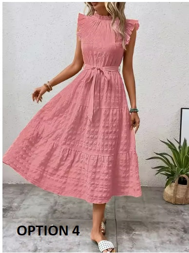 New Fashion Ear Edge Flying Sleeves Lace Up Texture Dress CODE: KAR3453