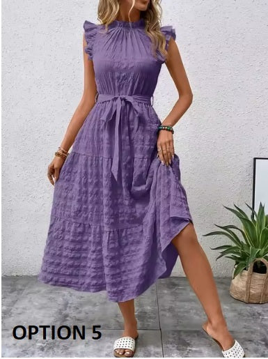 New Fashion Ear Edge Flying Sleeves Lace Up Texture Dress CODE: KAR3453