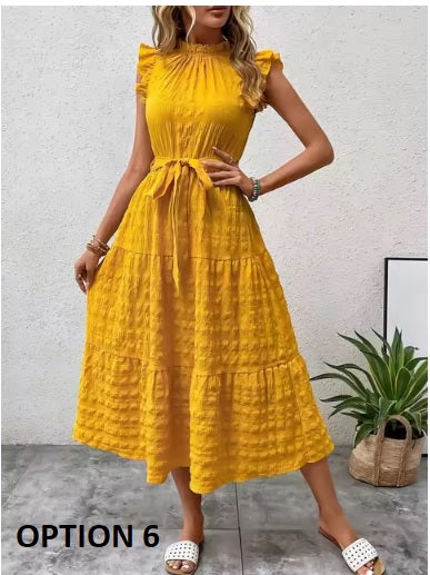 New Fashion Ear Edge Flying Sleeves Lace Up Texture Dress CODE: KAR3453