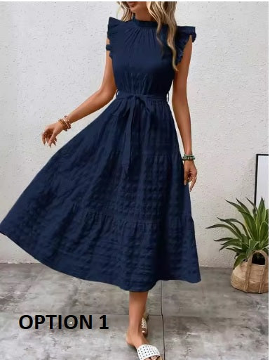 New Fashion Ear Edge Flying Sleeves Lace Up Texture Dress CODE: KAR3453