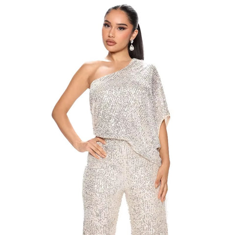New Sequin Sexy Oblique Neck Sleeveless Slim High Waist Long Straight Pant Jumpsuit CODE: KAR3455