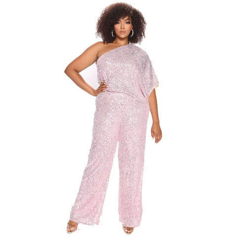 New Sequin Sexy Oblique Neck Sleeveless Slim High Waist Long Straight Pant Jumpsuit CODE: KAR3455